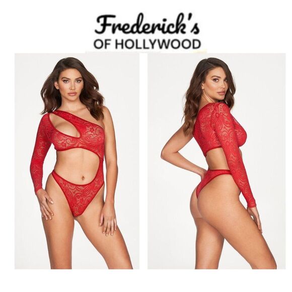 NWT Frederick’s of Hollywood Kerry Asymmetrical Red Bodysuit Lingerie (Size S) - Picture 1 of 6